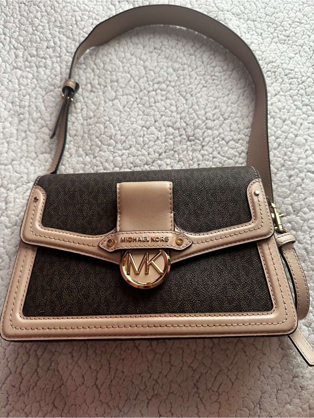 Michael Kors Brown Logo Crossbody with Pale Pink Trim and Gold MK Accent